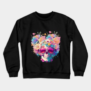 Dead Skull wearing Trendy Sunglasses with Flowers Crewneck Sweatshirt